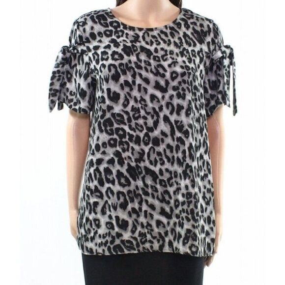 New Pleione Gray Leopard print Blouse with Tie Sleeve details - Picture 1 of 6